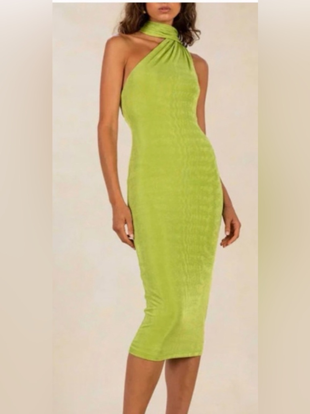 Mishka One-Shoulder Neon Lime Evening Gown